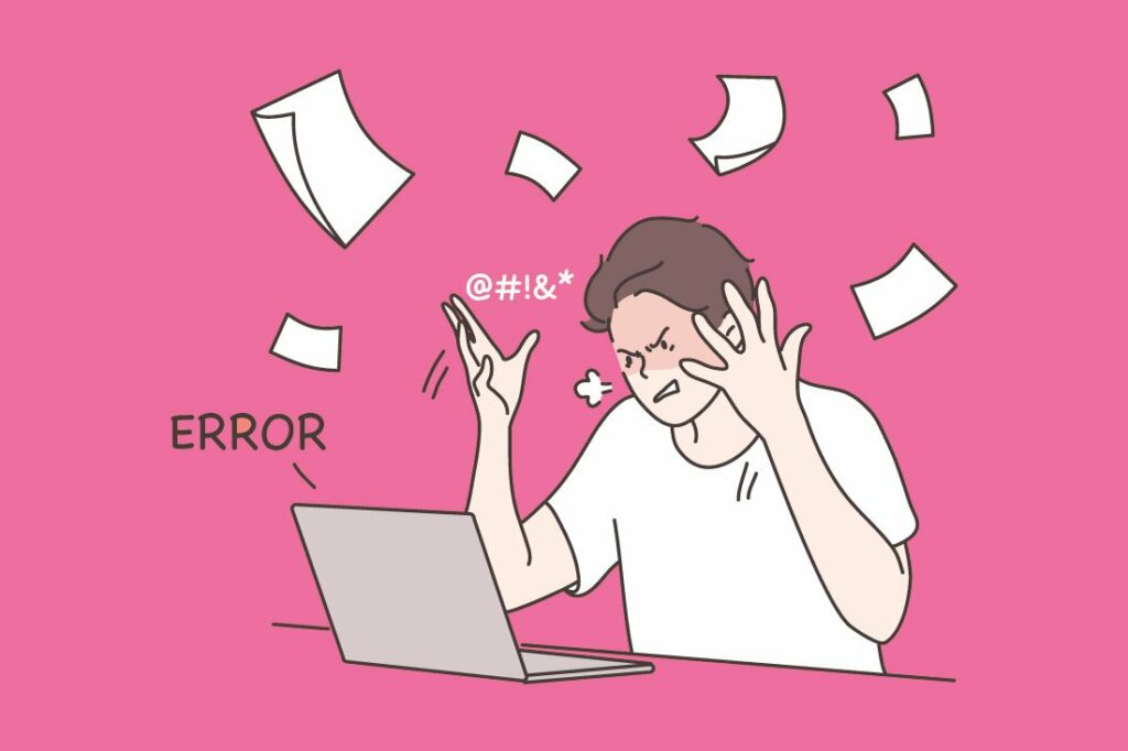 Piirroskuva miehestä, joka hermostuu tietokoneen äärellä.