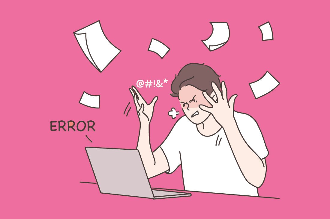 Piirroskuva miehestä, joka hermostuu tietokoneen äärellä.